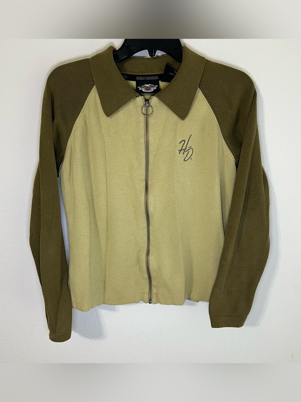 Harley-Davidson Women’s Ribbed Knit Zip Up Polo Sweater Olive Tan L
